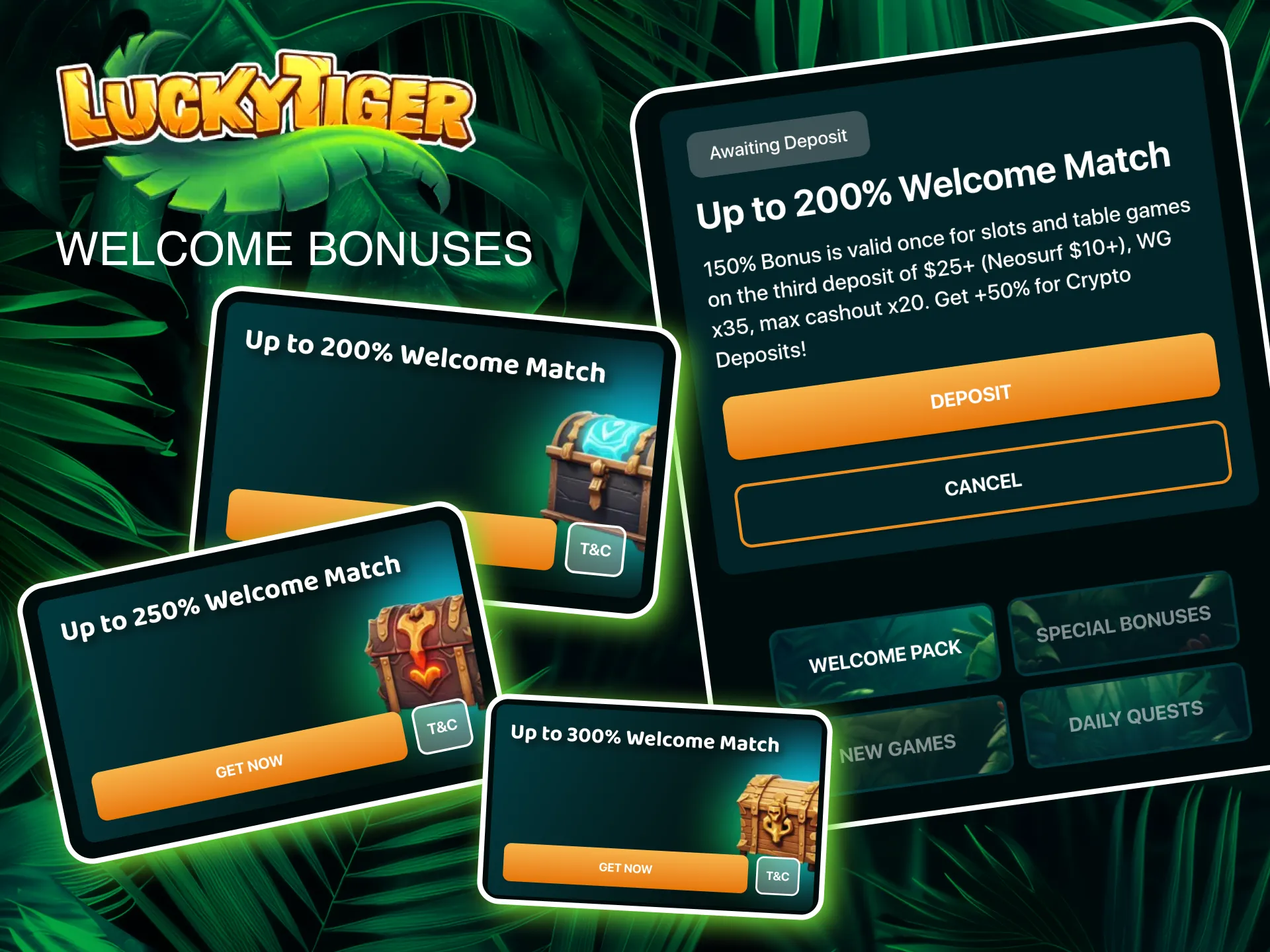 Start playing at Lucky Tiger with tiered welcome bonuses and cryptocurrency incentives.