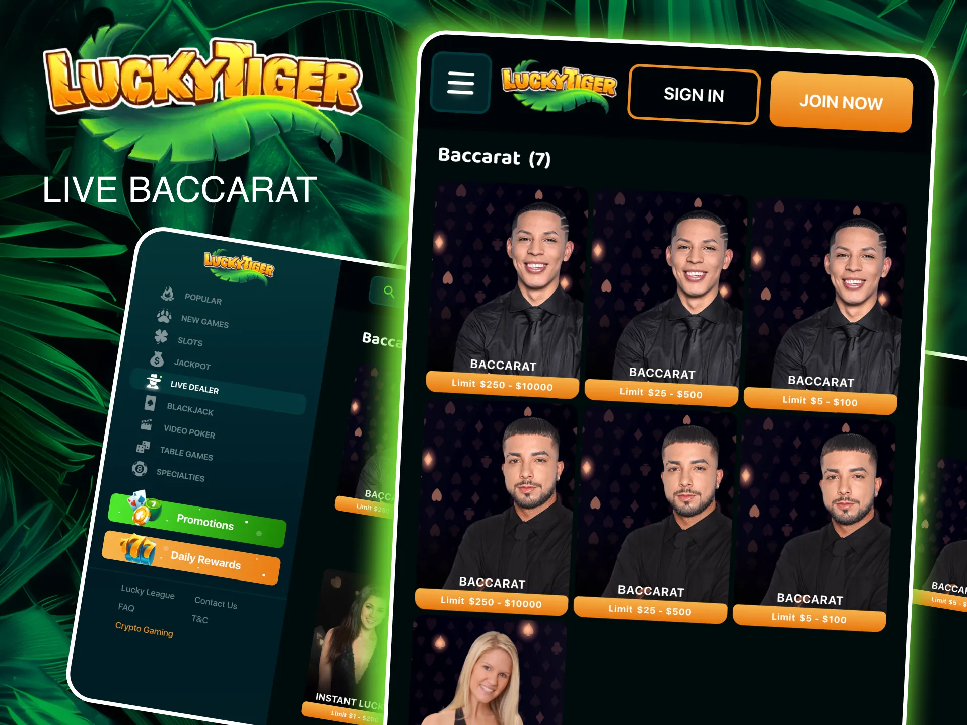 Play Lucky Tiger’s Live Baccarat, a captivating game with natural wins.
