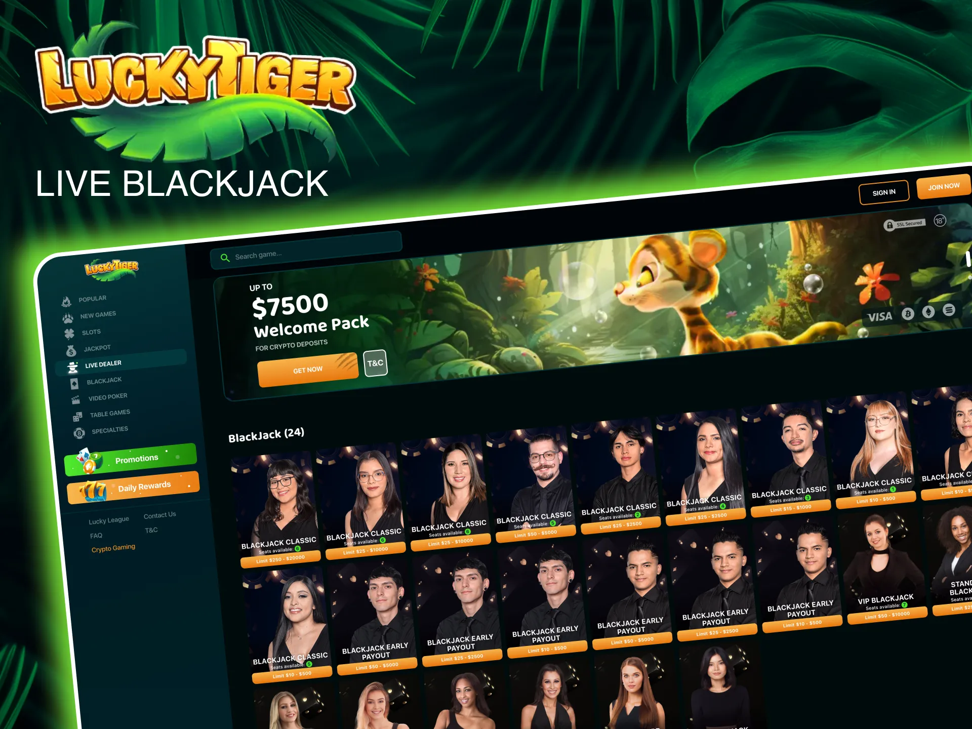 Experience the excitement of Lucky Tiger’s Live Blackjack, where players aim for 21 in real-time.