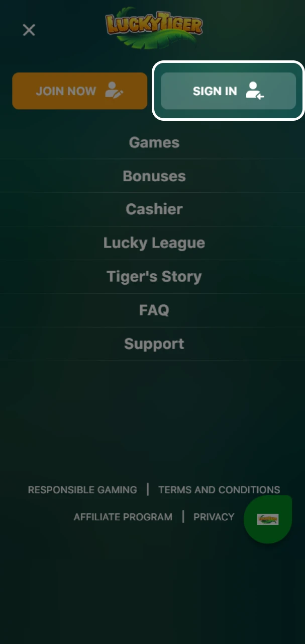 Click on the Sign In button to open the Lucky Tiger login form.