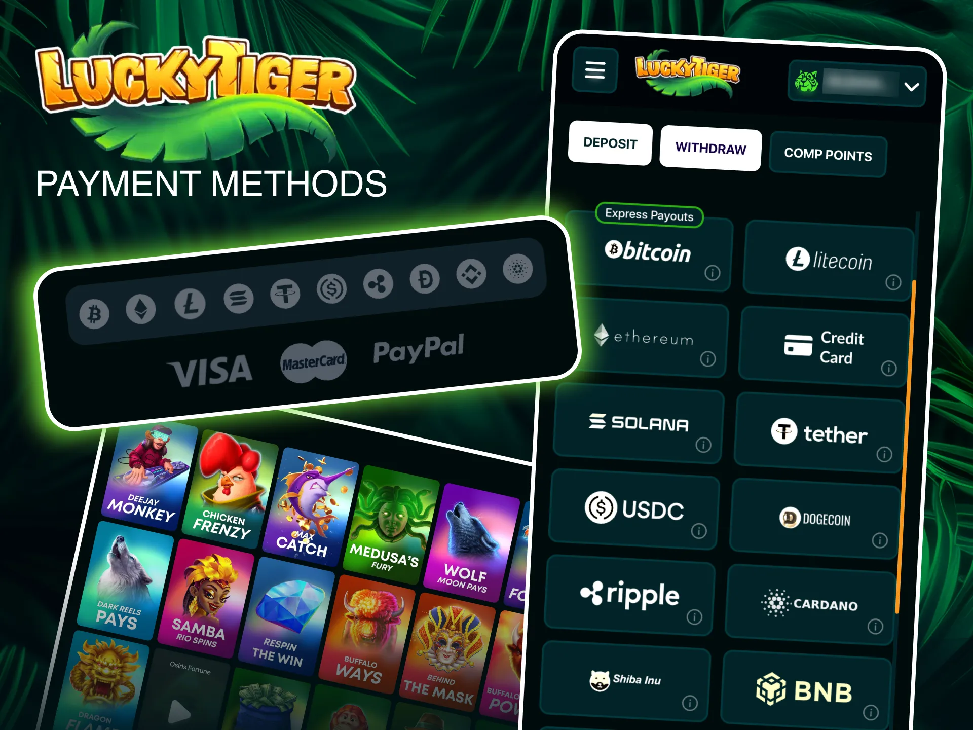 Choose from a variety of payment options at Lucky Tiger, including fast and secure cryptocurrency transactions.