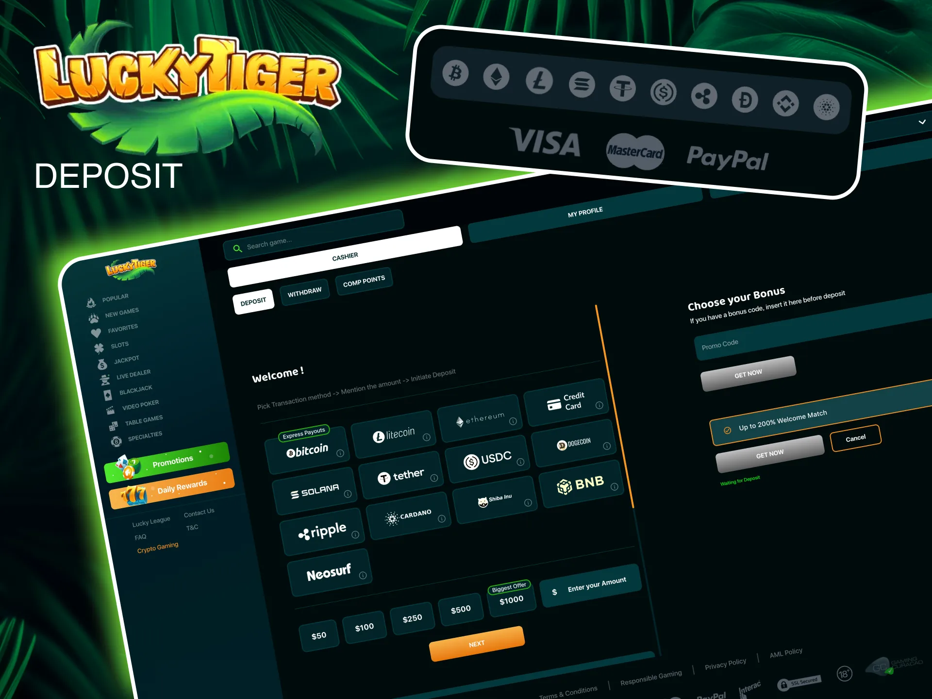 Make deposits effortlessly with Lucky Tiger, designed for quick and secure transaction.