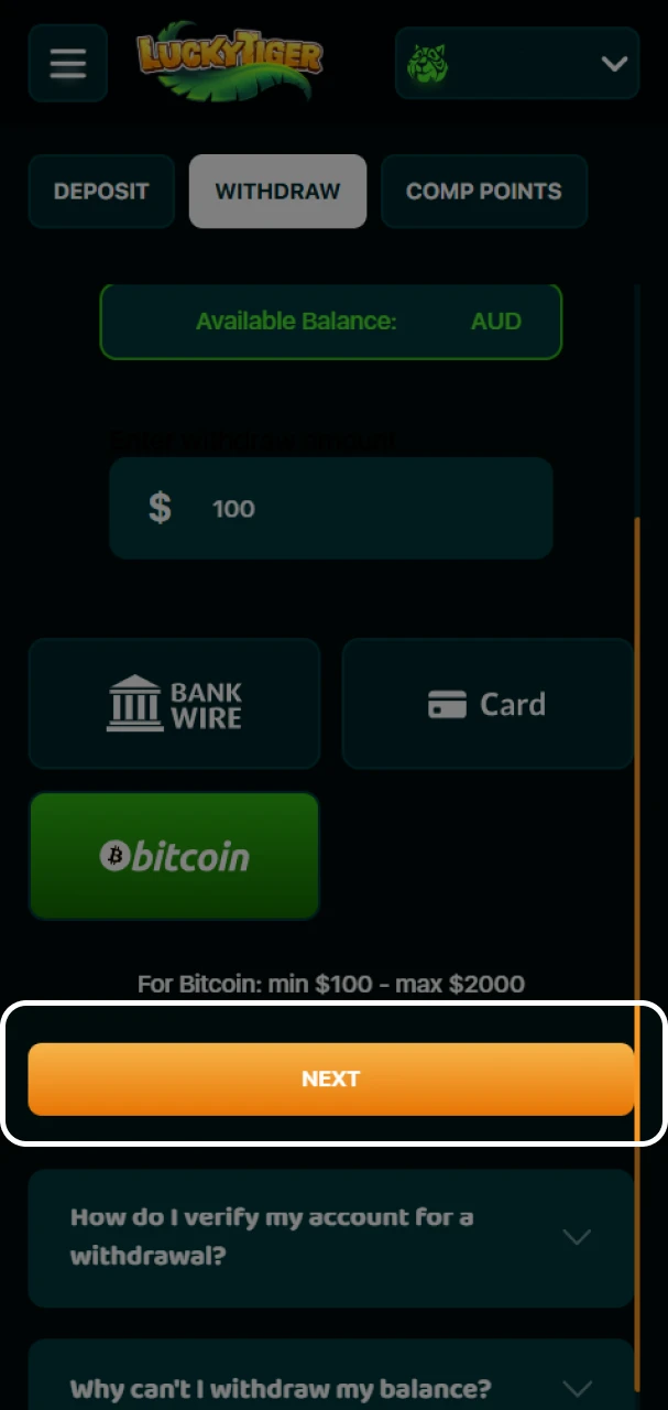 Confirm your withdrawal on the Lucky Tiger platform.