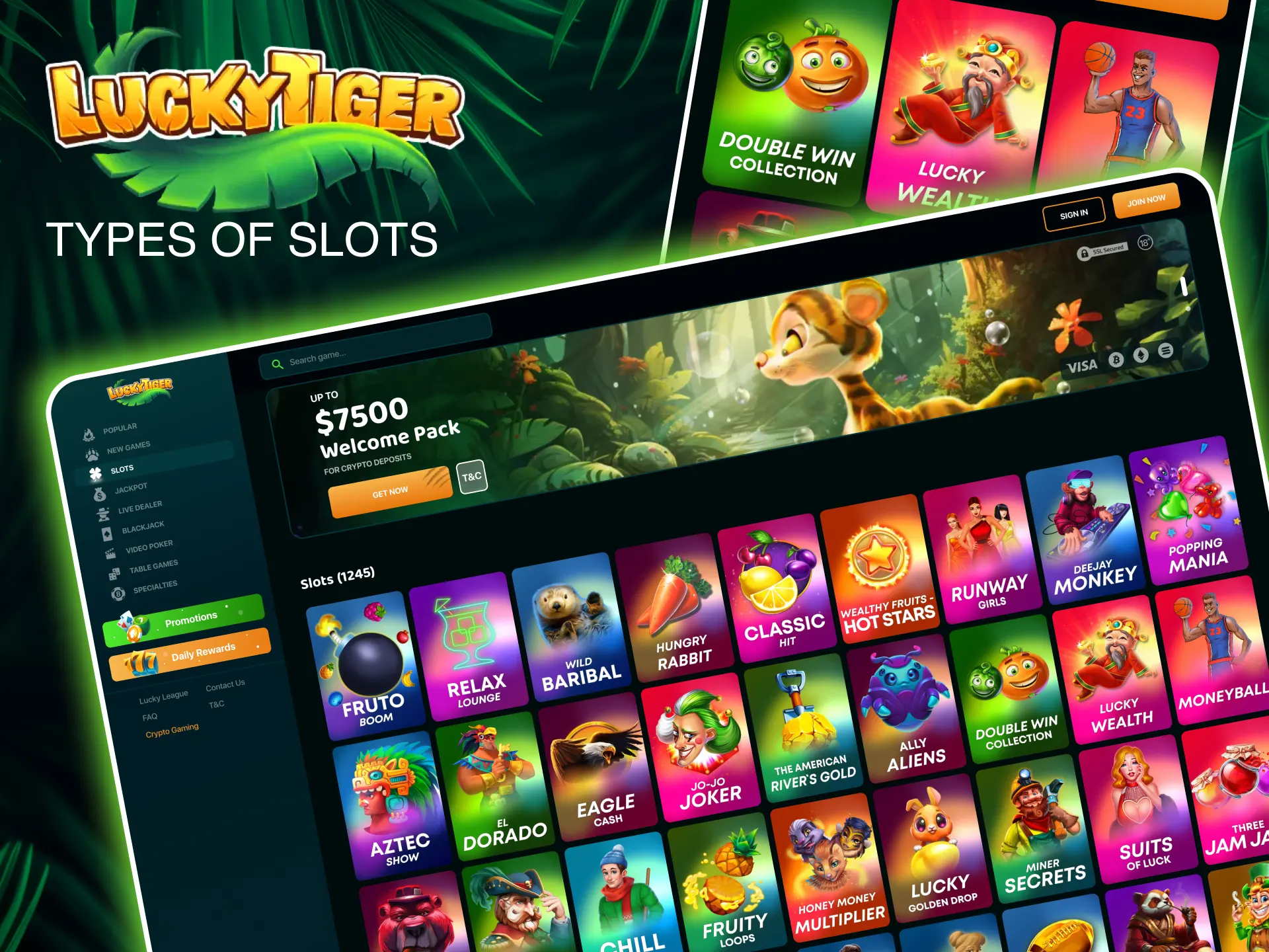 Explore over 1000 games at Lucky Tiger, including classic 3-reel, modern 5-reel, and 777 slots.