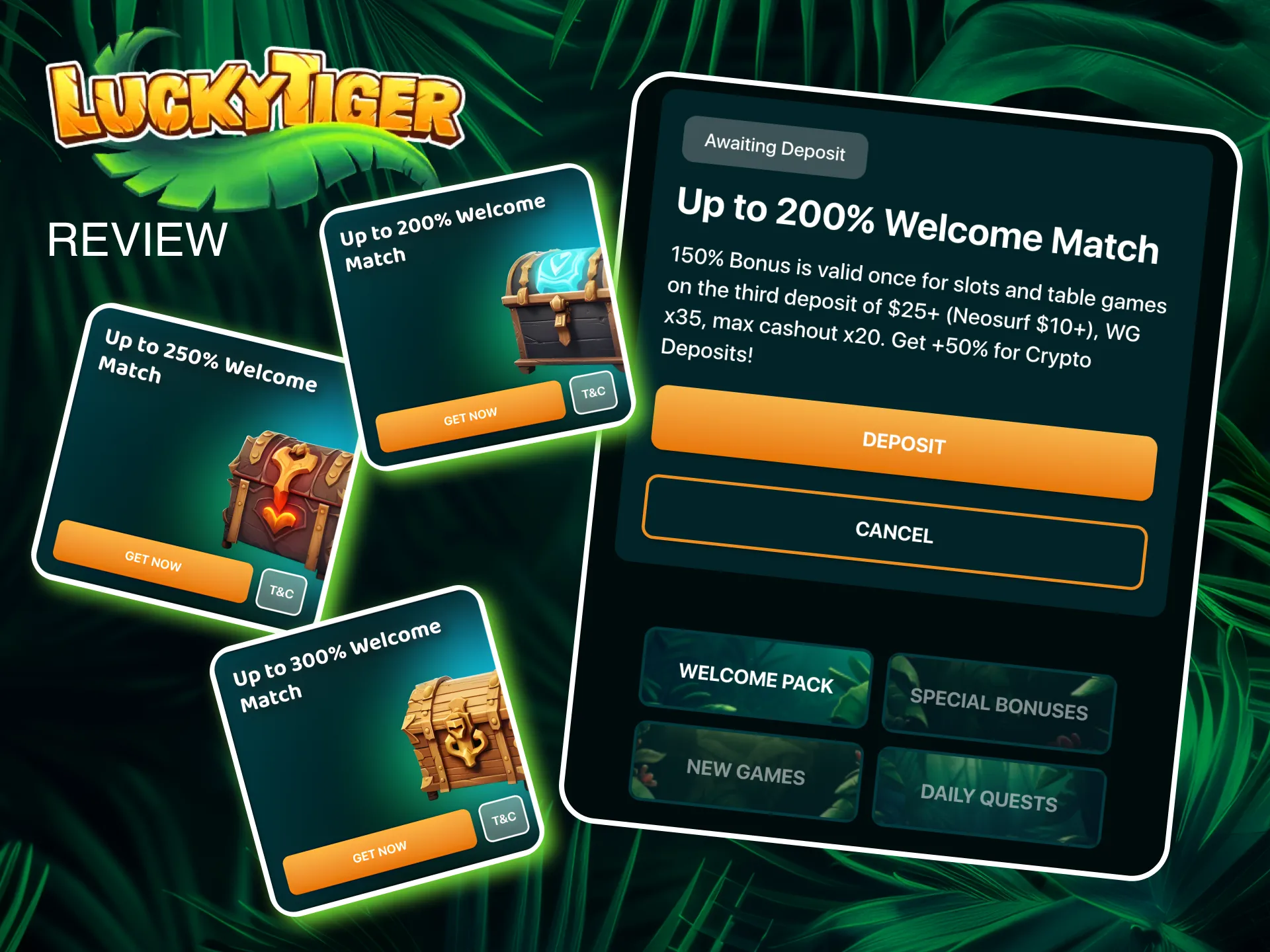 Discover Lucky Tiger login bonuses for exciting perks on your first deposits.